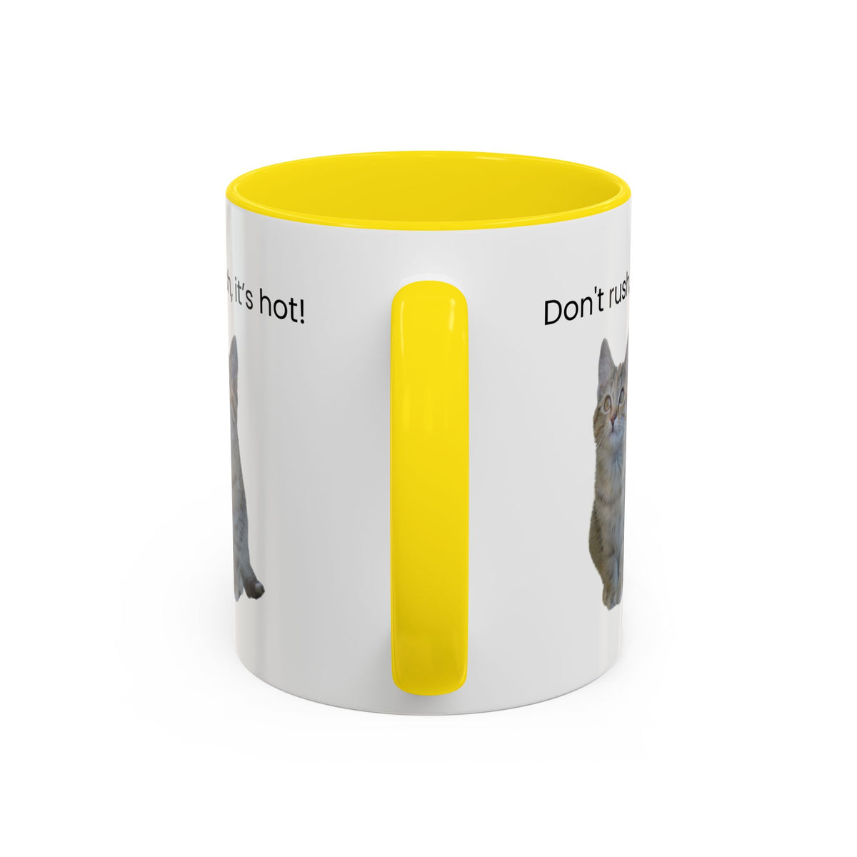 Ceramic cat coffee mug with "Don't rush, it's hot!" inscription in black text on white background, 11 oz size.
