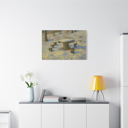 Snowy forest winter landscape canvas wall art, matte stretched print by Printify showcasing a serene winter scene with snow-covered trees.