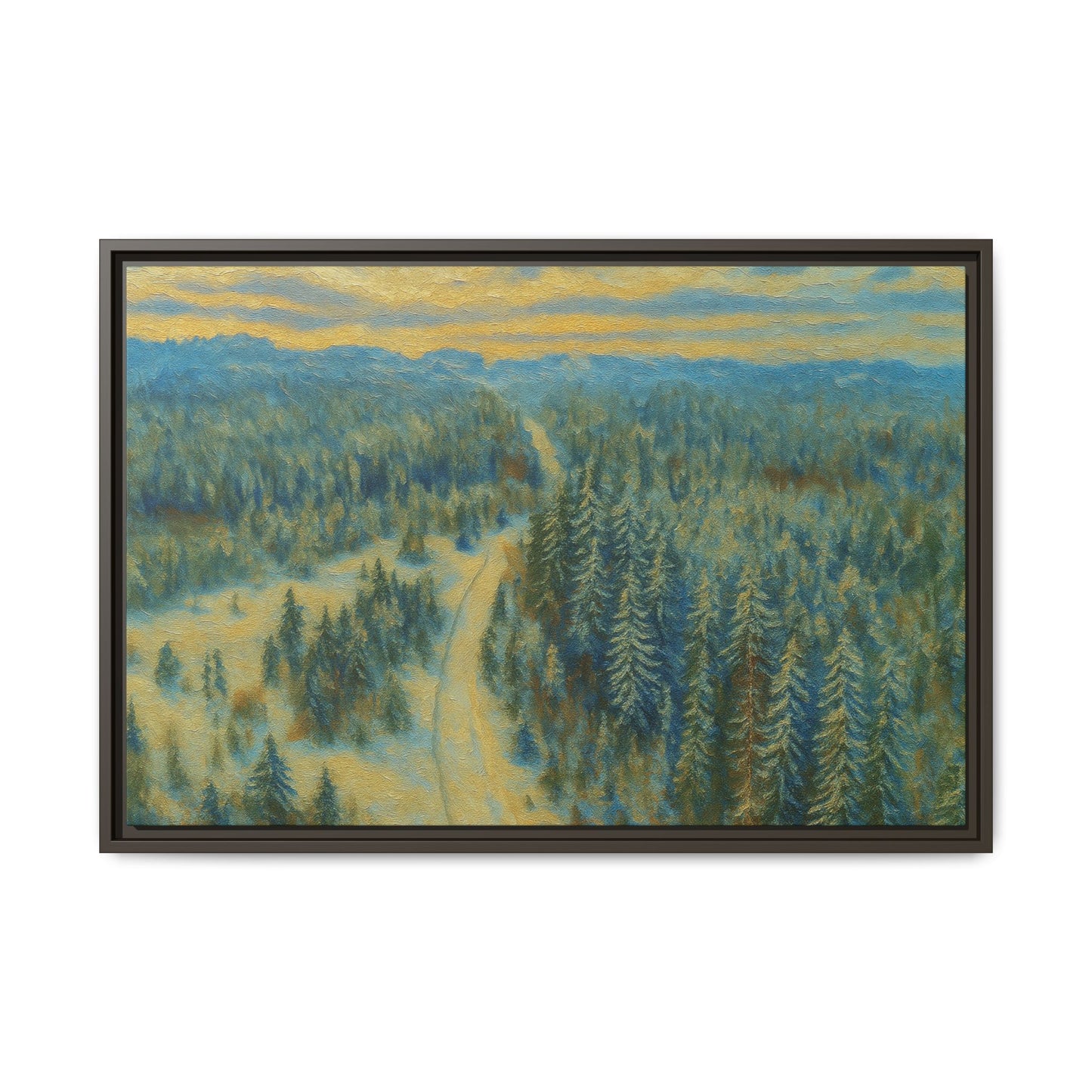 Framed matte canvas print of a serene winter forest landscape by Printify, featuring snow-covered trees and peaceful scenery.