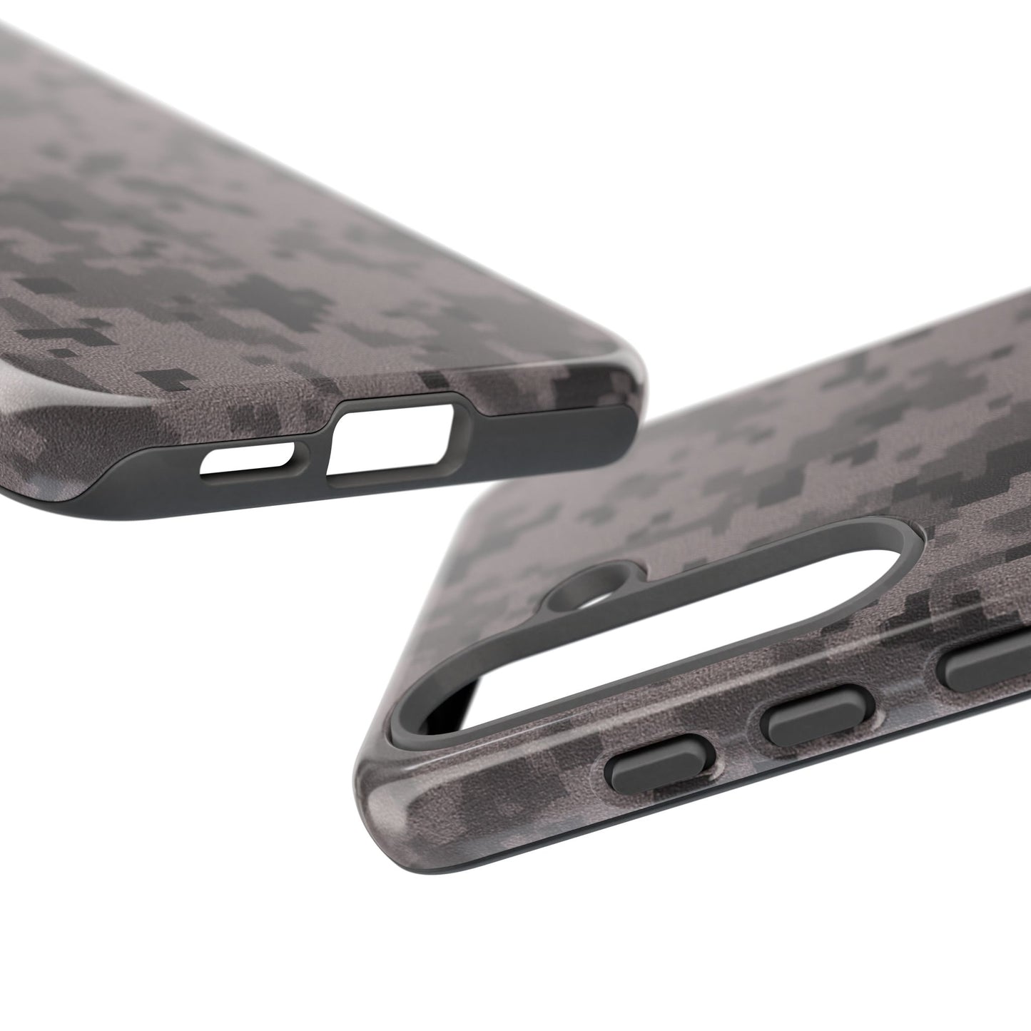 Gray digital camouflage phone case by Printify, tough protective cover for smartphones with camouflage pattern design.