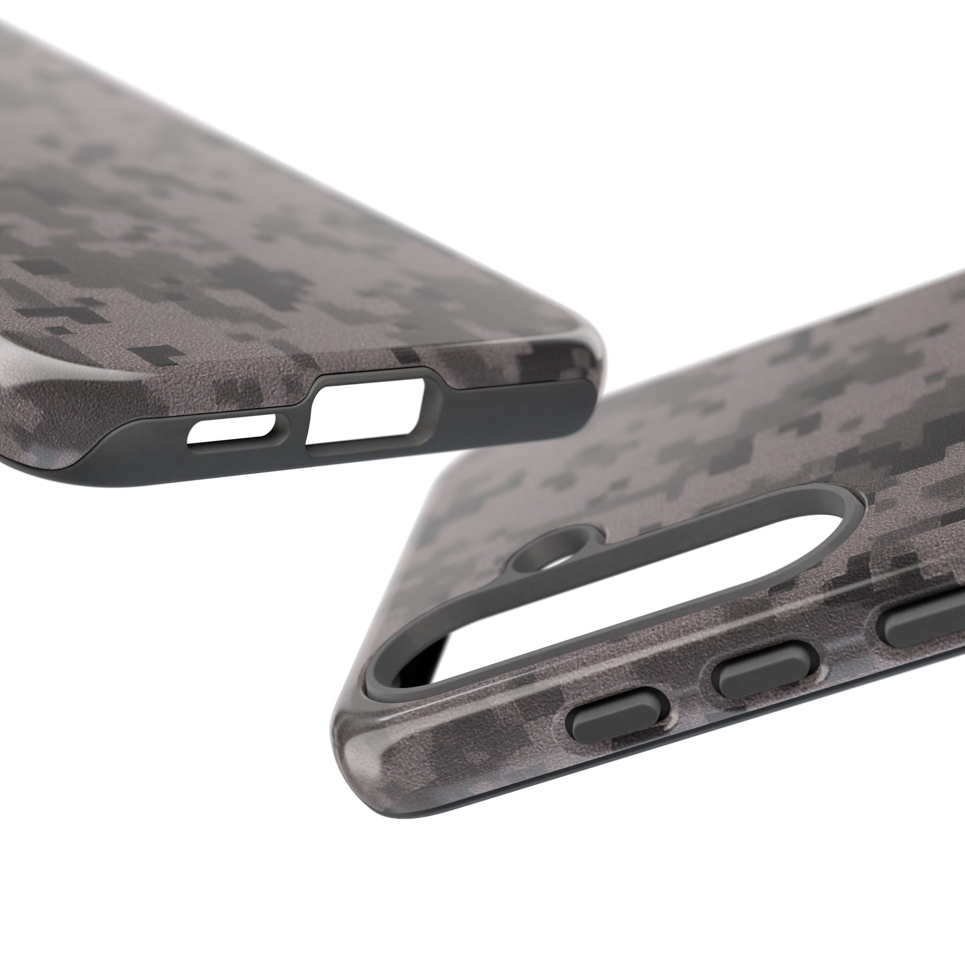 Gray digital camouflage phone case by Printify, tough protective cover for smartphones with camouflage pattern design.