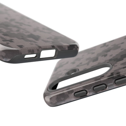 Gray digital camouflage phone case by Printify, tough protective cover for smartphones with camouflage pattern design.