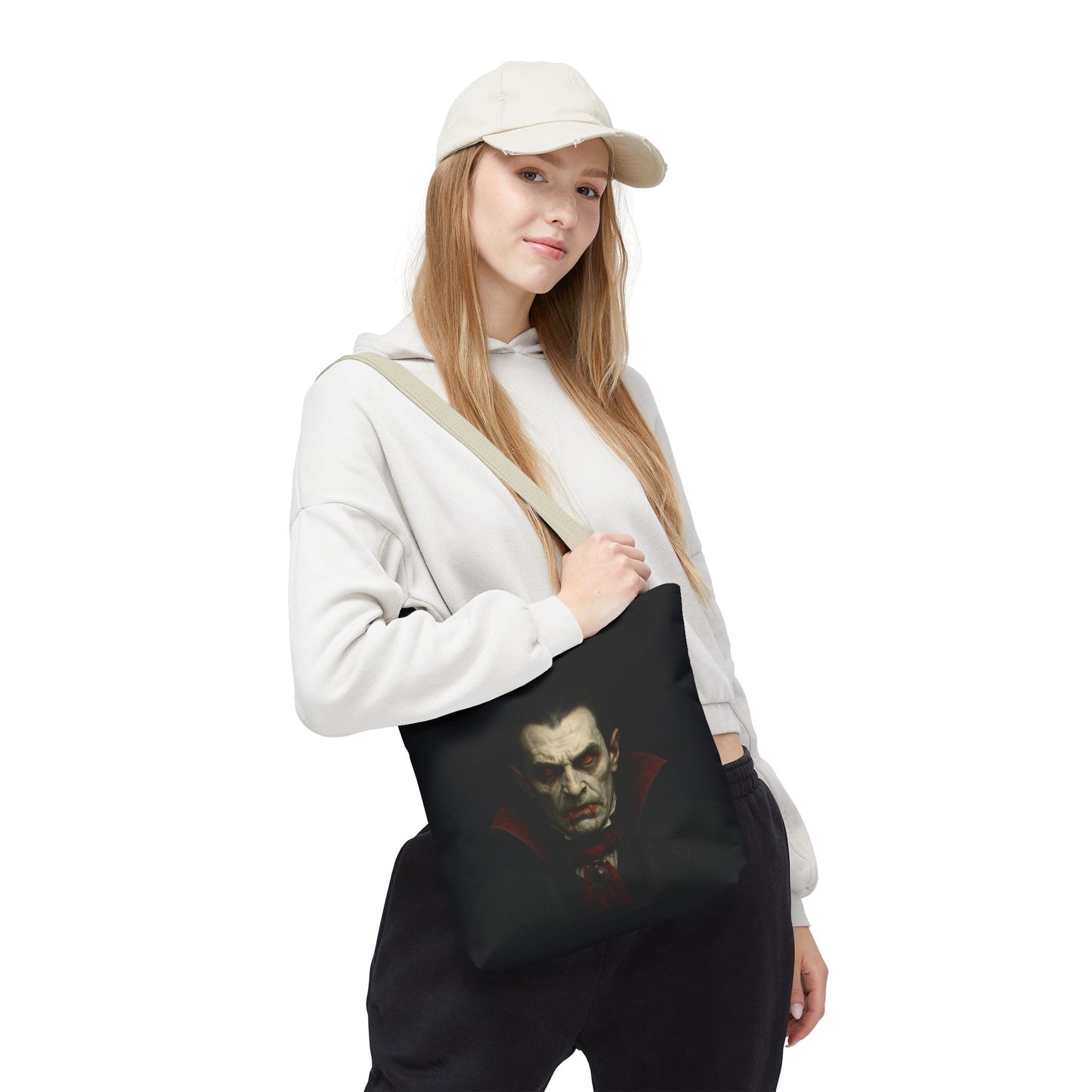 Black Vampire Tote Bag by Printify featuring spooky gothic vampire design, perfect as a Halloween accessory or everyday bag