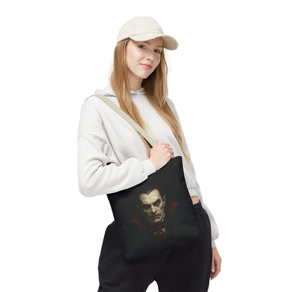 Black Vampire Tote Bag by Printify featuring spooky gothic vampire design, perfect as a Halloween accessory or everyday bag