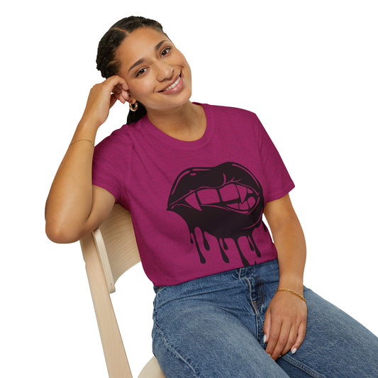 Unisex edgy graphic T-shirt by Printify featuring a dripping mouth design, streetwear style, trendy and alternative fashion.