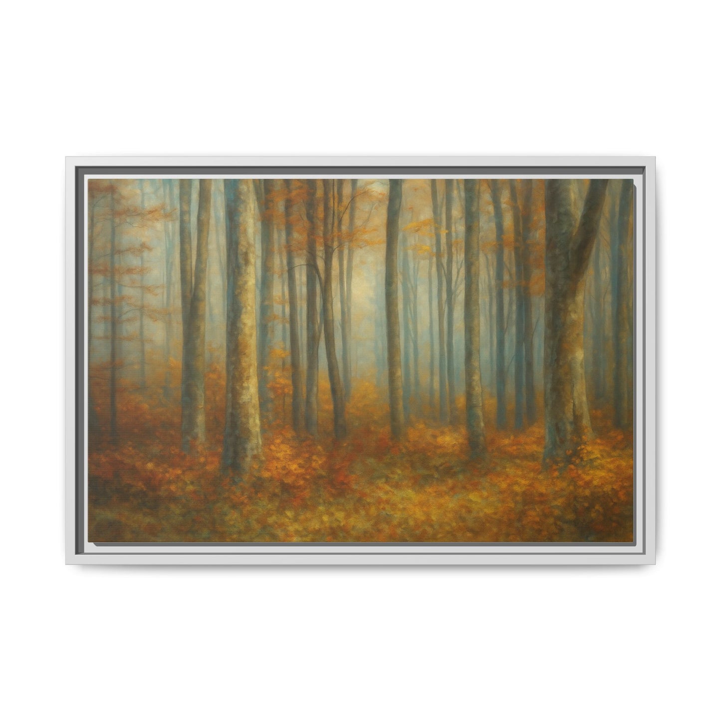 Framed autumn forest canvas print featuring misty woodland scene, wall art by Printify, showcasing vibrant fall colors and natural landscape.