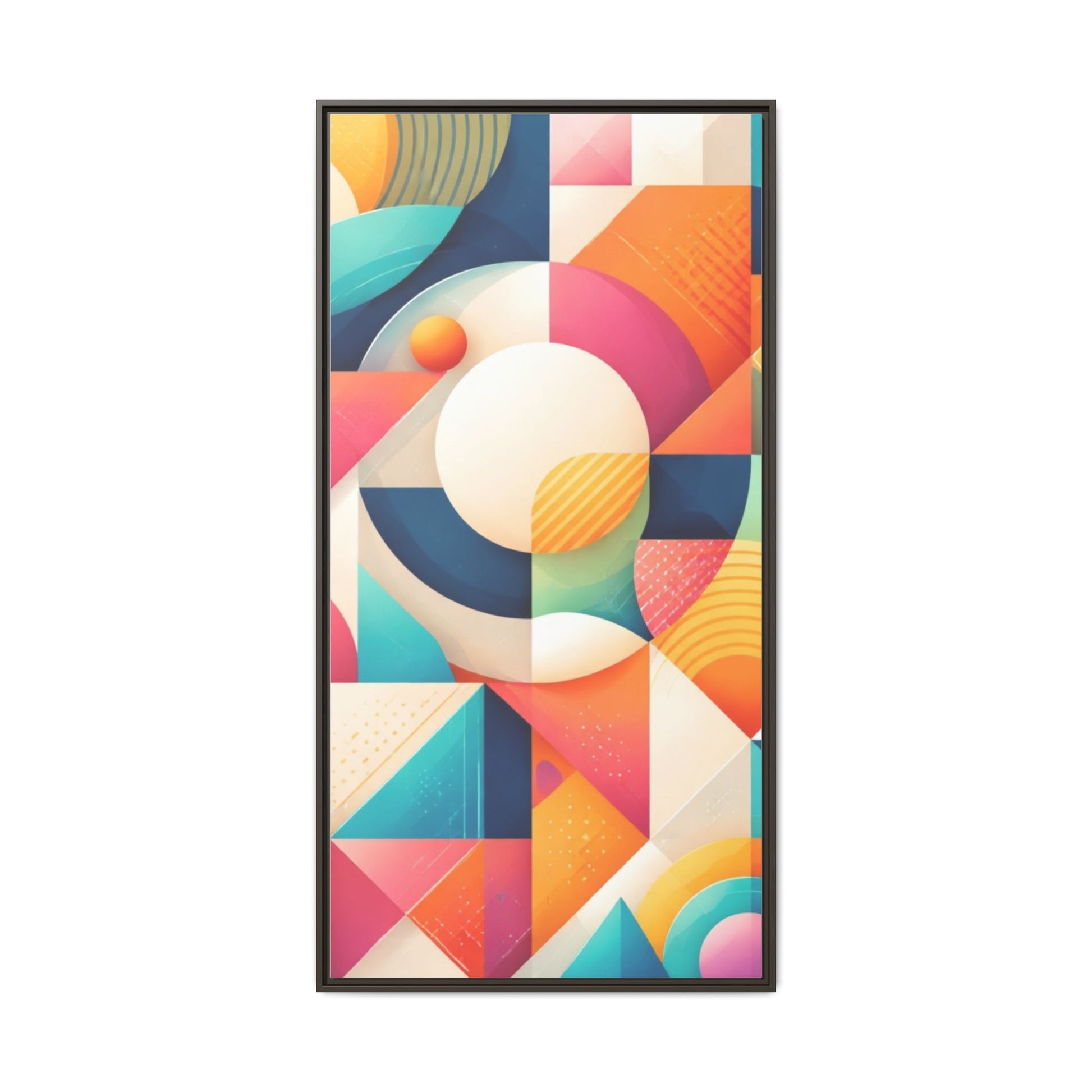 Framed colorful geometric abstract art on matte canvas by Printify, featuring vibrant shapes and modern design.