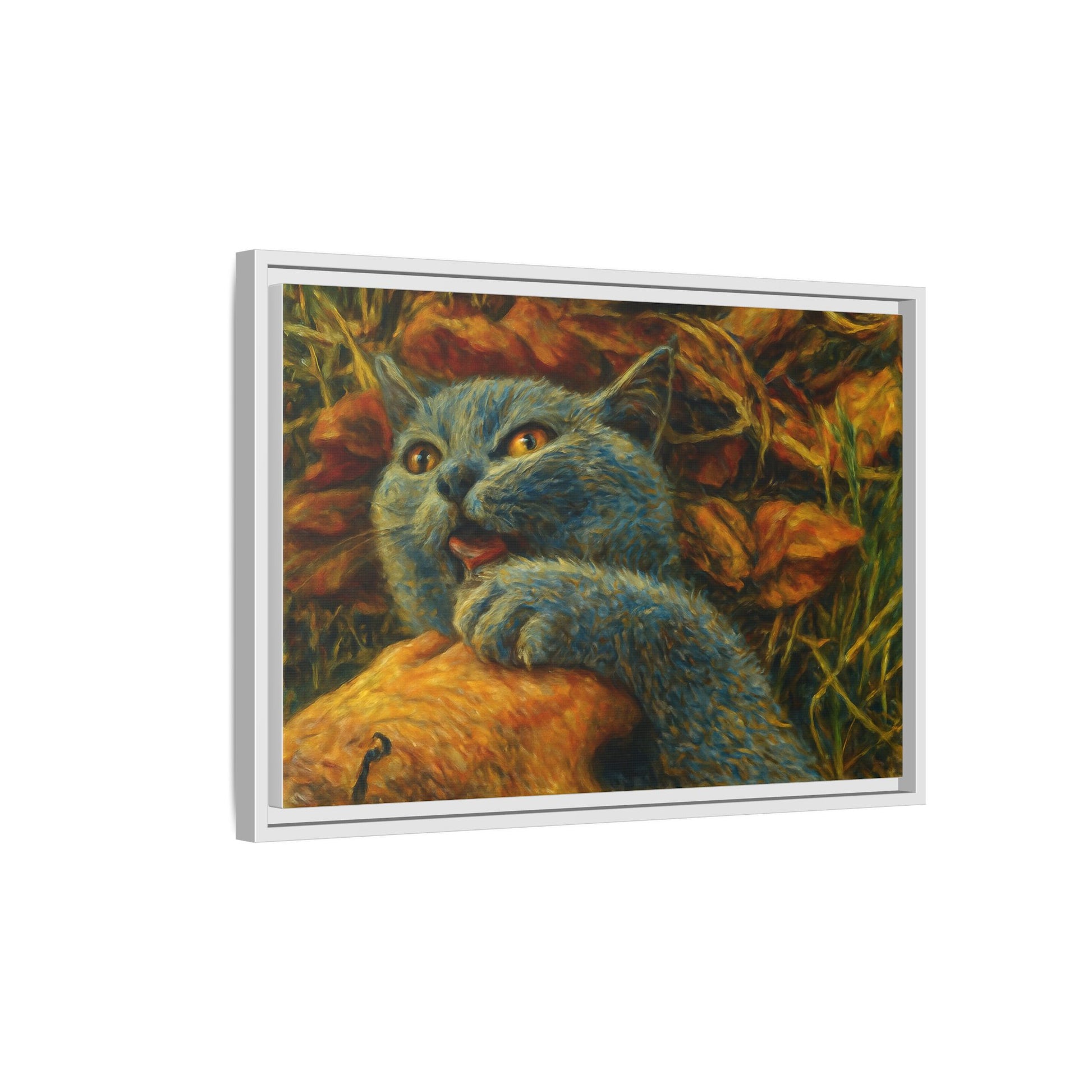 Blue cat canvas print featuring whimsical wall art, perfect gift for cat lovers, created by Printify.