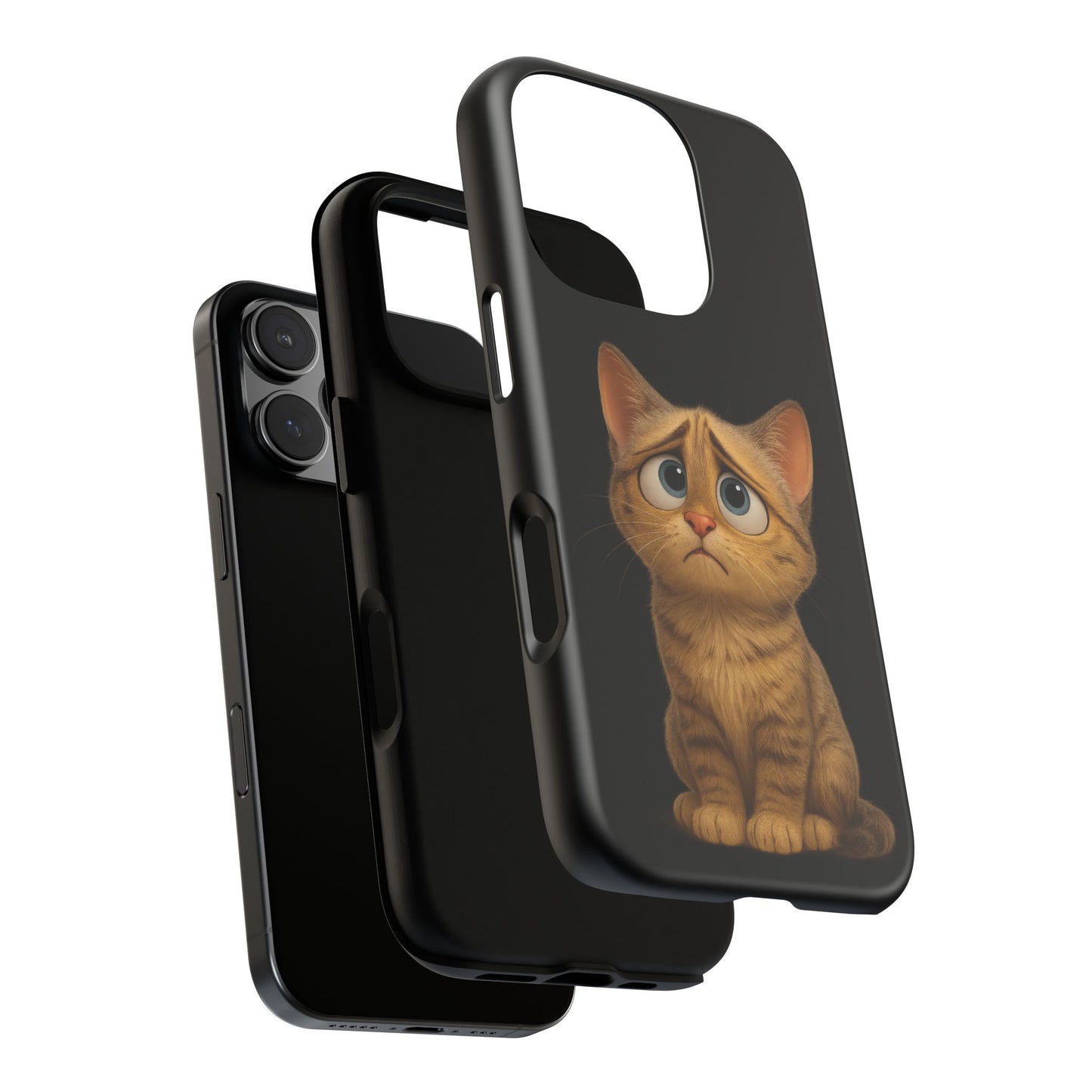 Cute sad kitty print iPhone case by Printify, protective phone cover featuring a sad kitten design on a clear background.