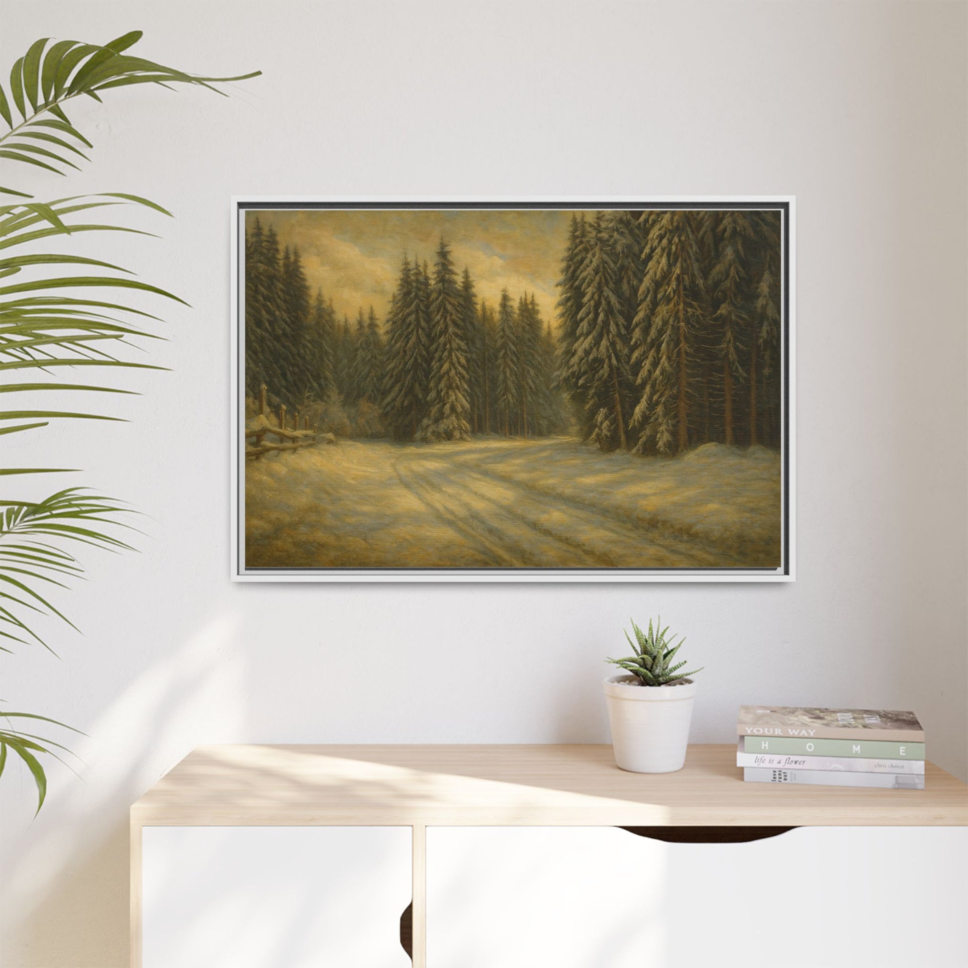 Framed matte canvas wall art featuring a winter forest landscape with trees and snow, by Printify.