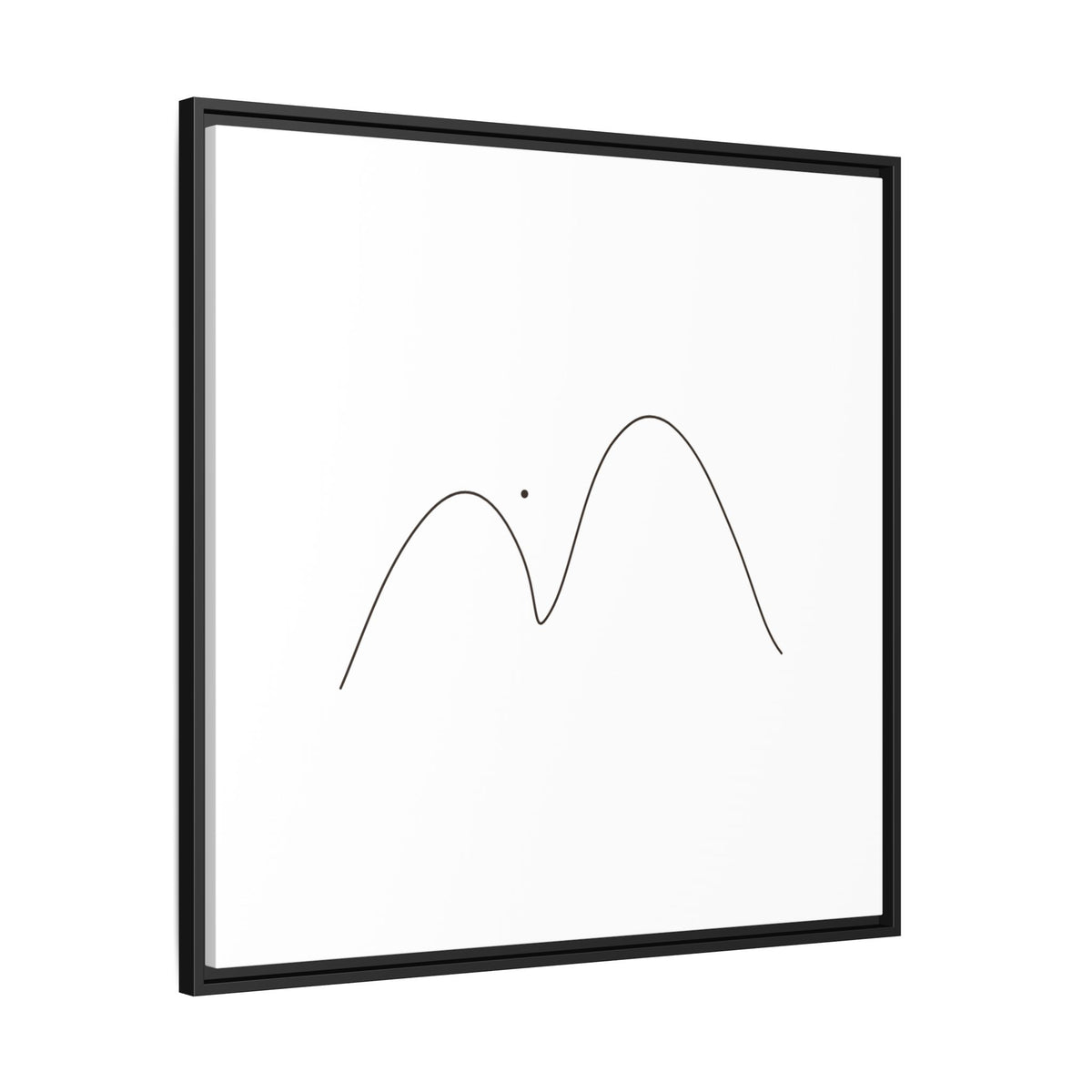 Minimalist mountain line art printed on framed matte canvas, featuring simple black mountain outline on white background.