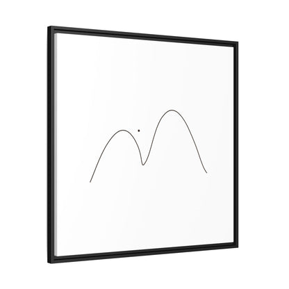 Minimalist mountain line art printed on framed matte canvas, featuring simple black mountain outline on white background.