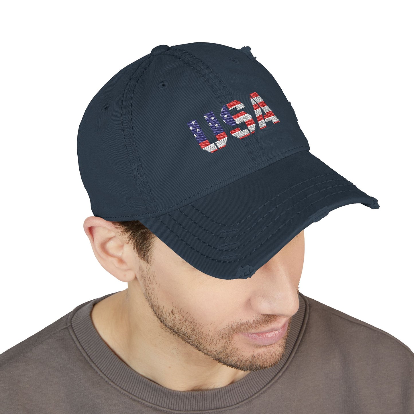 Distressed USA flag embroidered dad hat by Printify featuring a casual, patriotic design with adjustable strap and worn-in style.
