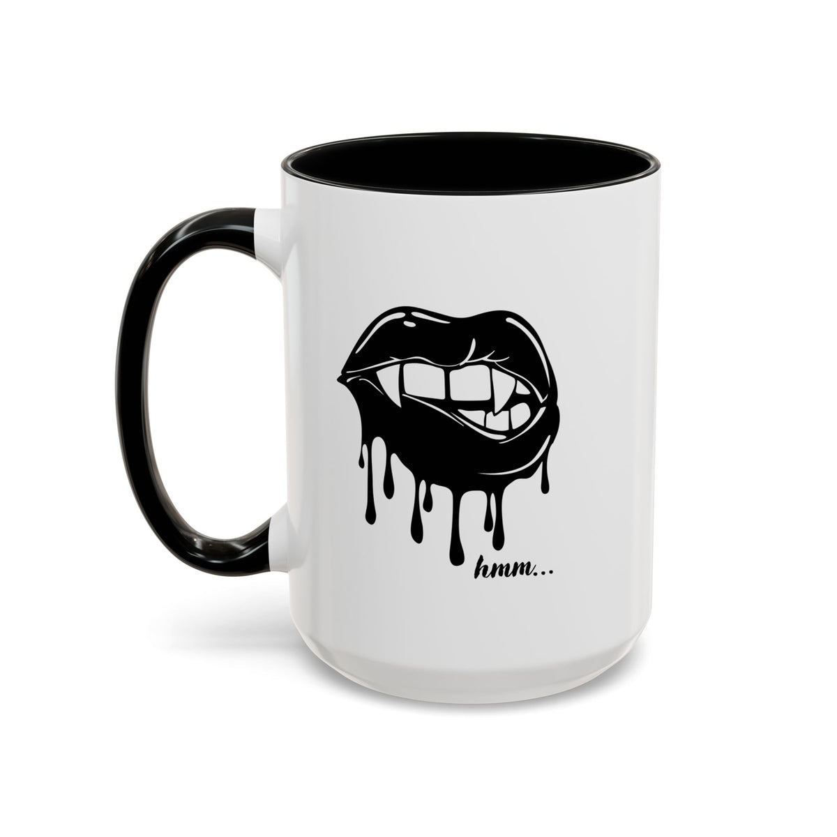 Black ceramic coffee mug with dripping lips bite graphic, 11oz or 15oz, featuring bold black and red design by Printify.