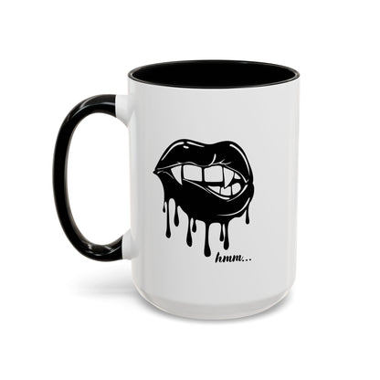Black ceramic coffee mug with dripping lips bite graphic, 11oz or 15oz, featuring bold black and red design by Printify.