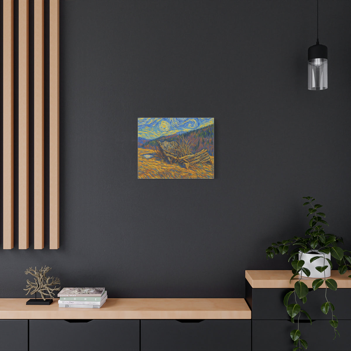 Impressionist Starry Landscape canvas print by Printify featuring a vibrant night sky and scenic landscape artwork.