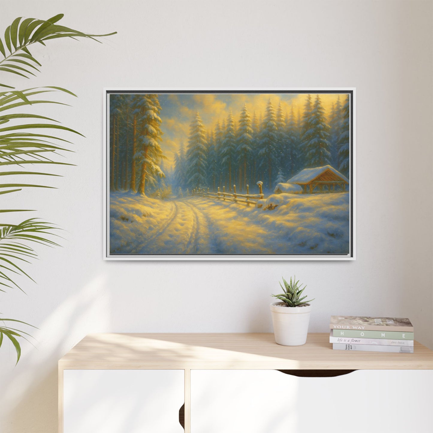 Framed winter cabin canvas print showing a snowy forest sunset, wall art by Printify with a cozy, scenic winter landscape.
