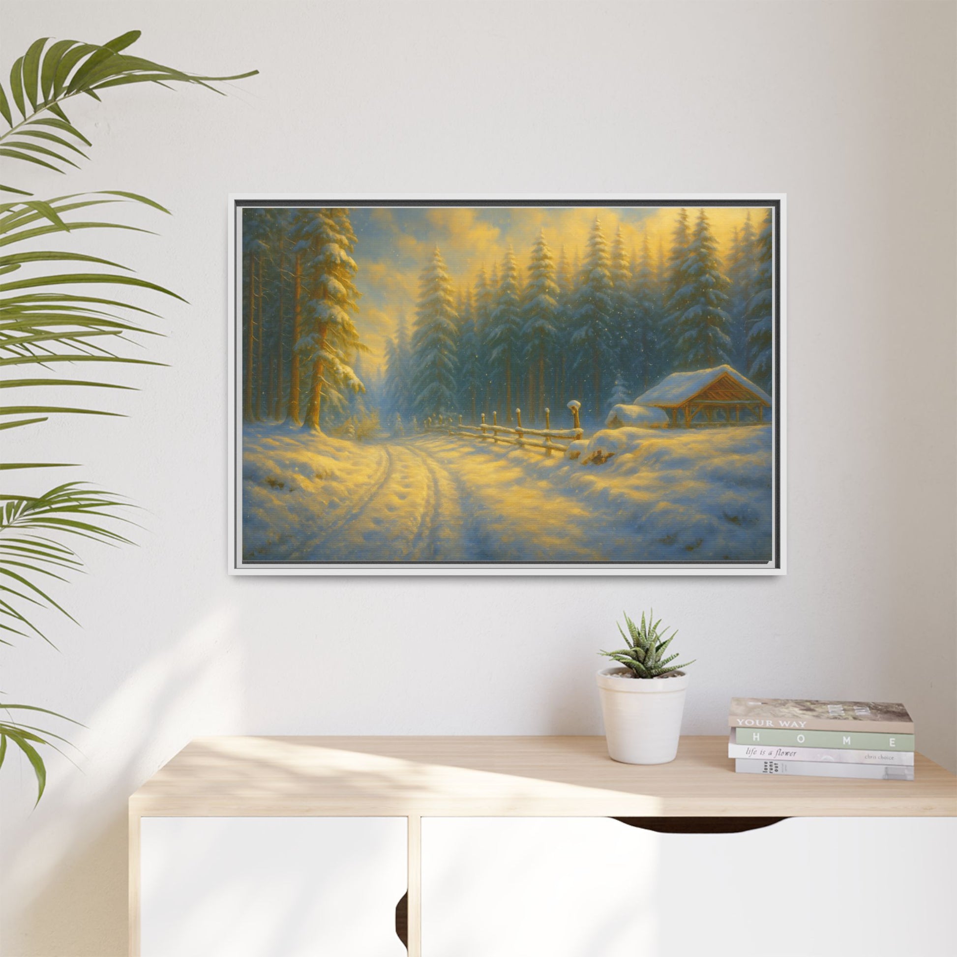 Framed winter cabin canvas print showing a snowy forest sunset, wall art by Printify with a cozy, scenic winter landscape.