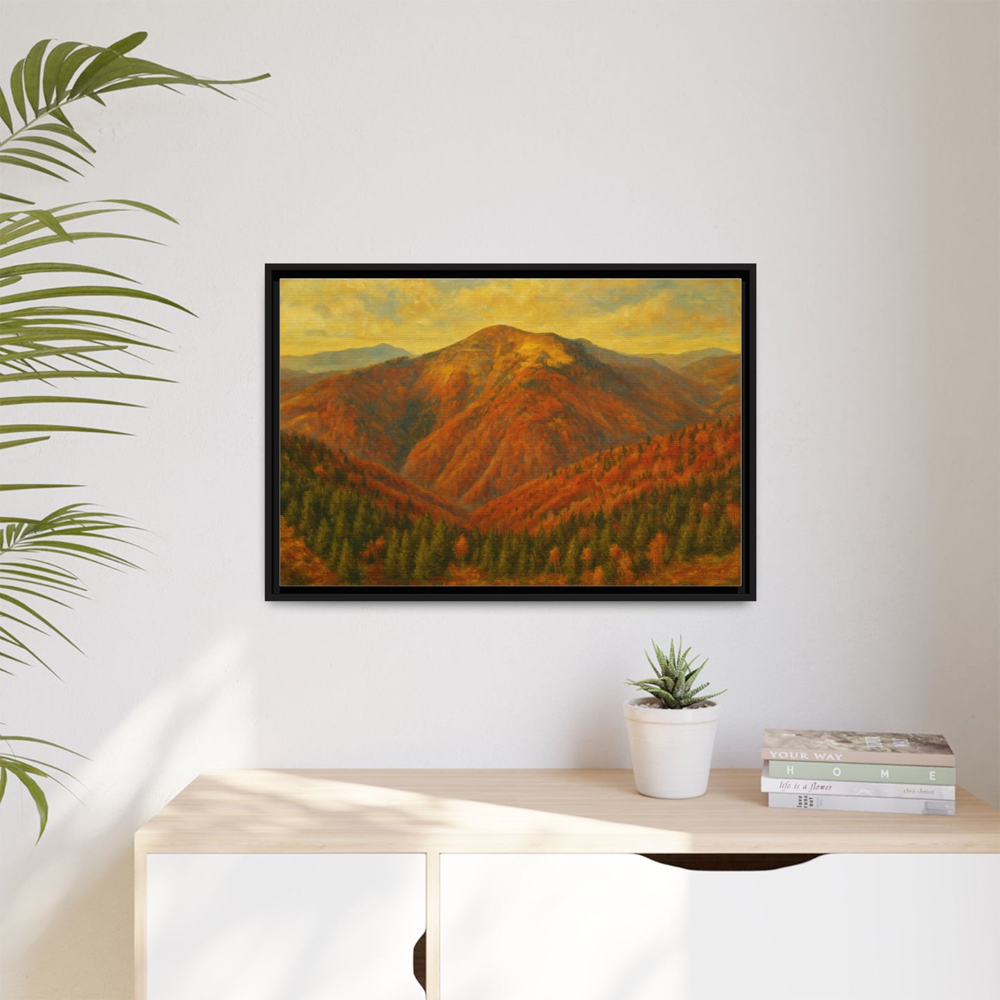 Autumn mountain matte canvas framed wall art by Printify featuring a scenic mountain landscape in warm fall colors.