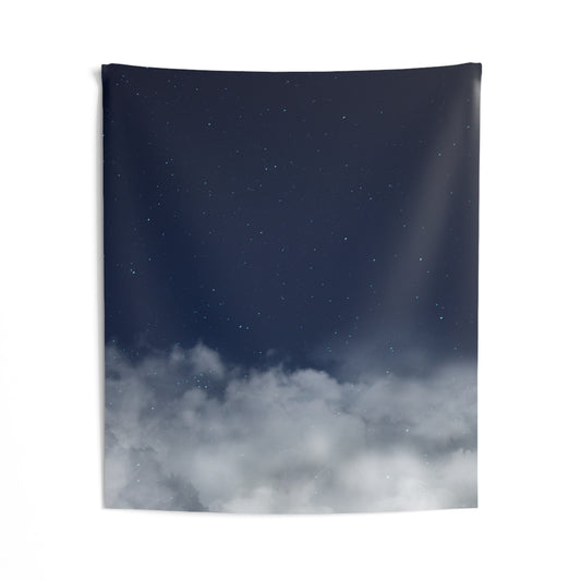 Starry blue night sky cloud tapestry wall hanging for bedroom and meditation, featuring celestial cloud design by Printify.