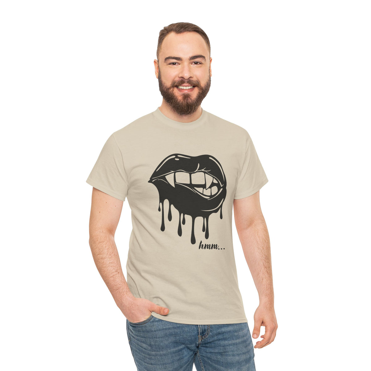 Graphic T-shirt by Printify featuring dripping lips and 'hmm...' bite design in black and white on a casual crew neck tee.