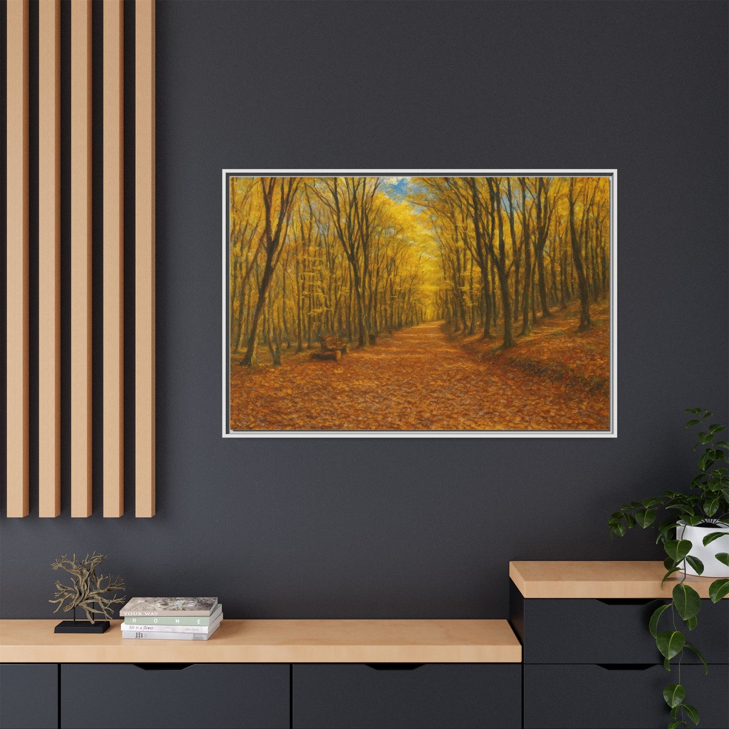 Autumn Forest Path matte canvas framed wall art by Printify showing a scenic forest trail with fall foliage and natural colors.