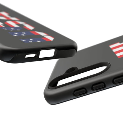 USA phone case with patriotic American flag design, durable tough case by Printify for iPhone or Android smartphones.