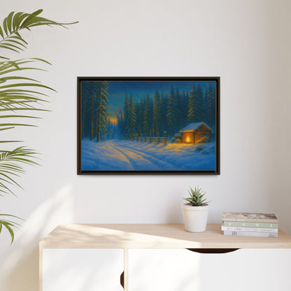 Cozy winter cabin matte framed canvas wall art featuring a snowy forest scene at evening, ideal for rustic home decor.