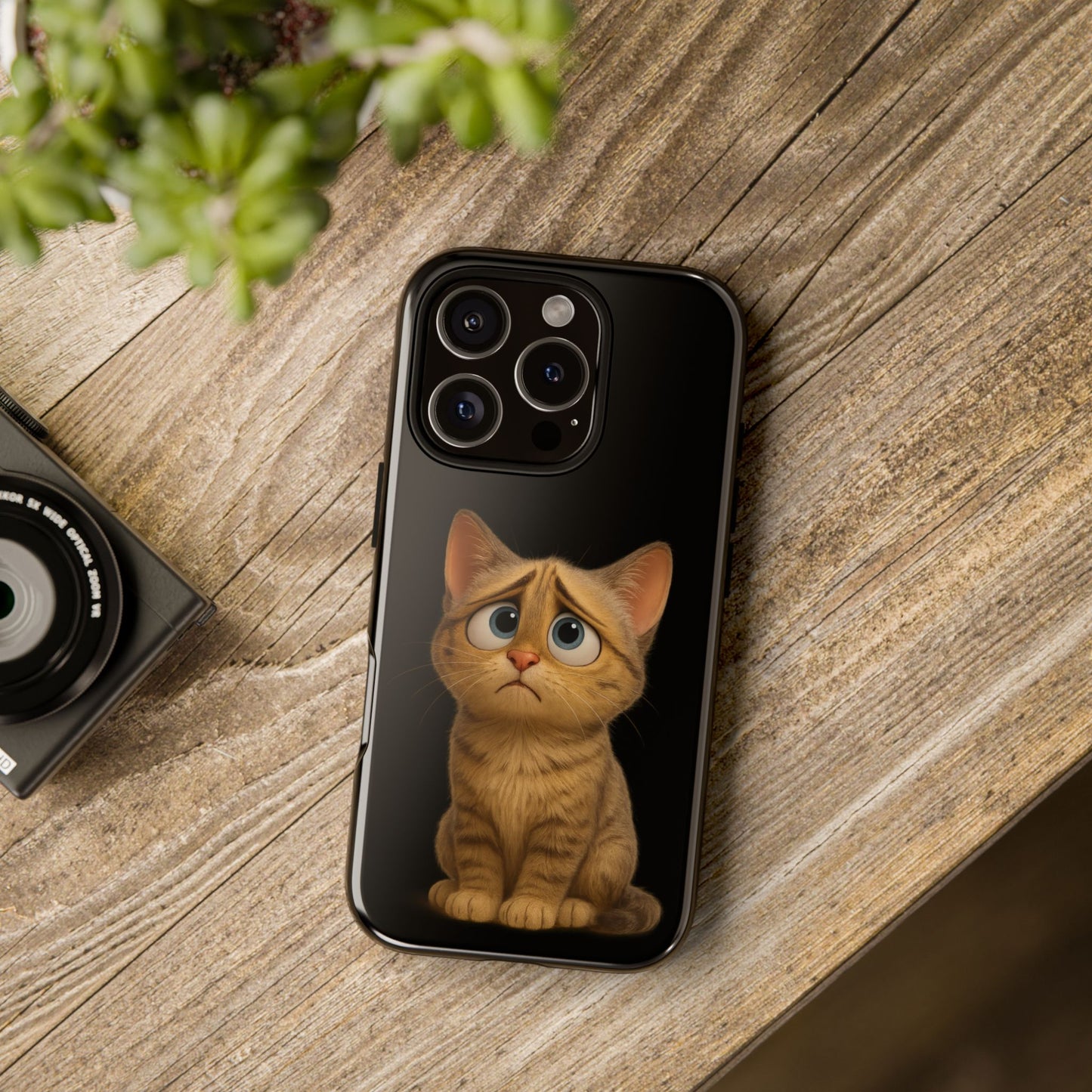 Cute sad kitty design phone case for iPhone by Printify, featuring a protective cover with a sad kitten illustration.