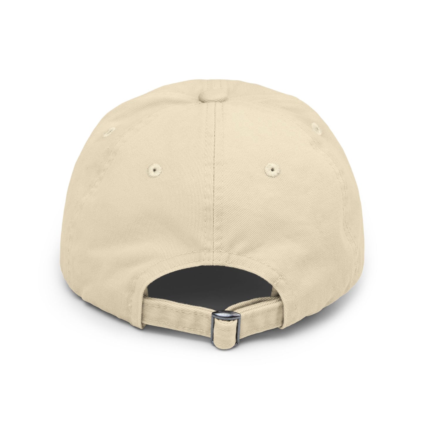 Distressed baseball cap featuring silhouette batter design, casual hat by Printify with worn vintage style.