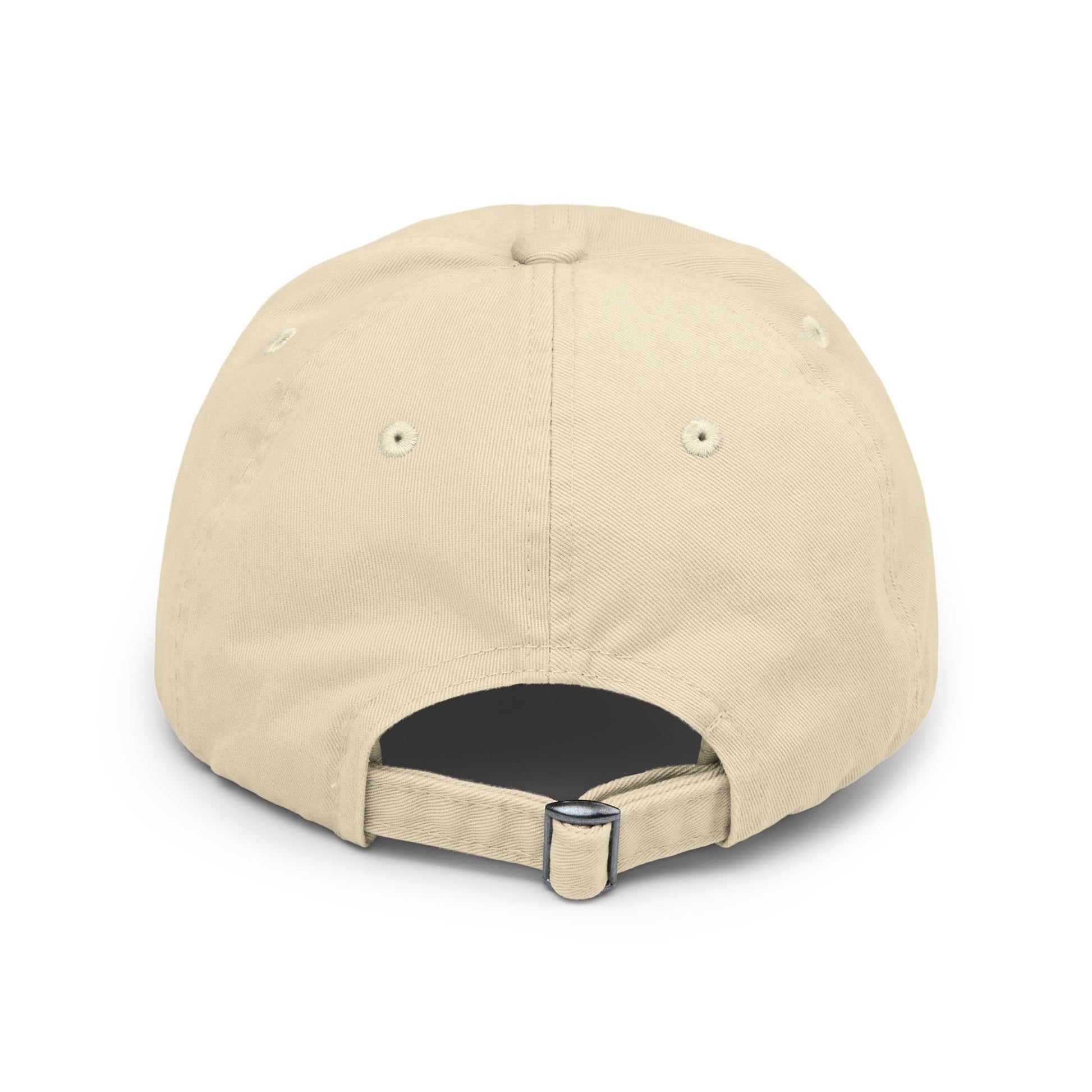 Distressed baseball cap featuring silhouette batter design, casual hat by Printify with worn vintage style.