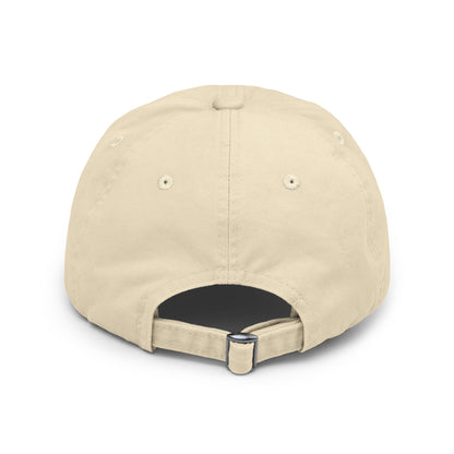 Distressed baseball cap featuring silhouette batter design, casual hat by Printify with worn vintage style.