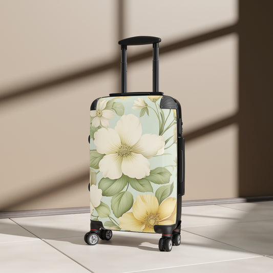Vintage floral carry-on suitcase with pastel dogwood design by Printify, featuring a hard shell luggage bag with floral print.