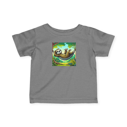 Baby's infant tee shirt featuring a cute sloth nap graphic, made by Printify, perfect for comfortable kids' clothing.