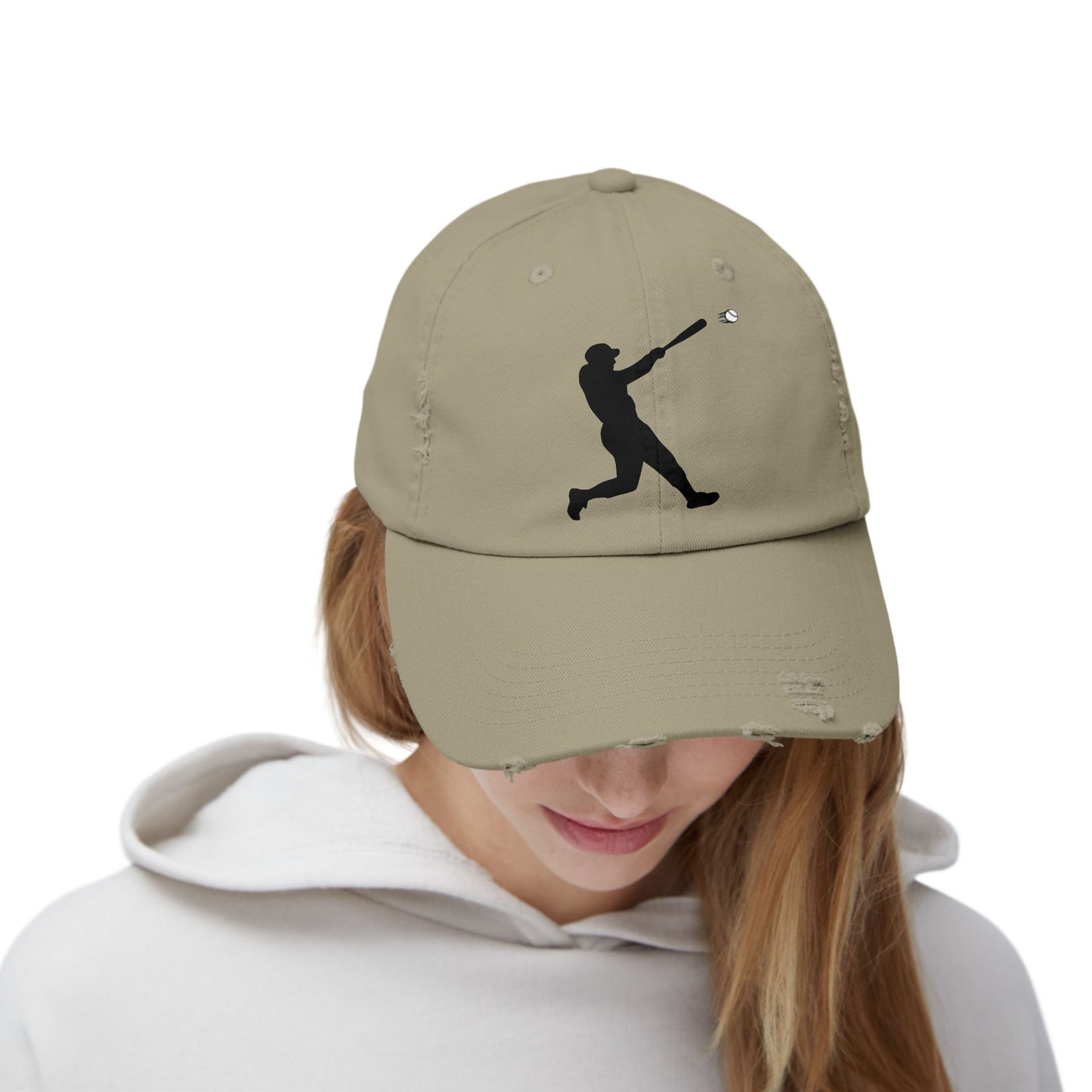 Distressed baseball cap featuring a silhouette batter design, made by Printify, with a curved brim and casual style.