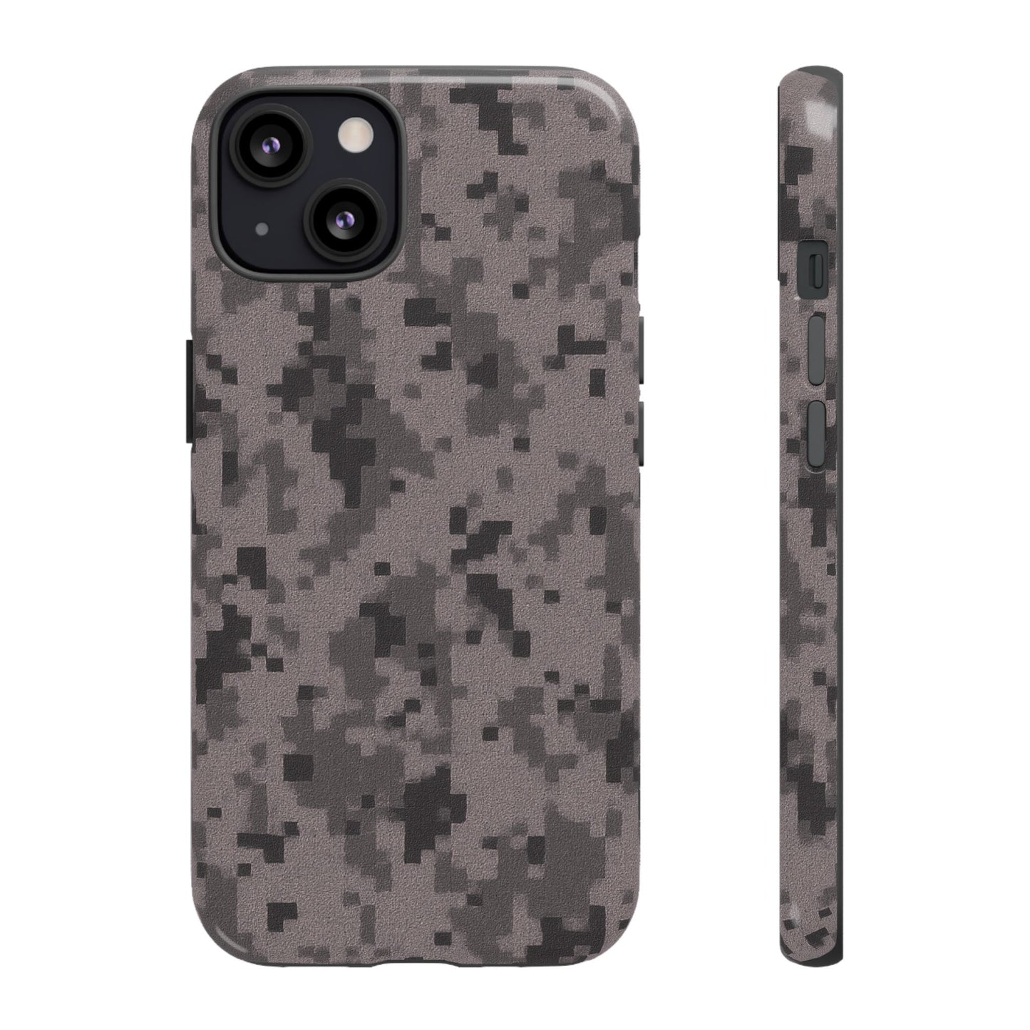 Gray digital camouflage phone case by Printify, tough protective cover for smartphones with a rugged camo design.