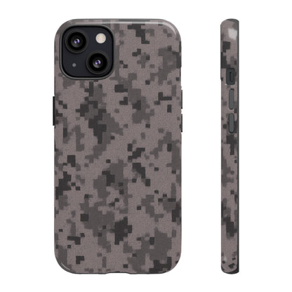 Gray digital camouflage phone case by Printify, tough protective cover for smartphones with a rugged camo design.