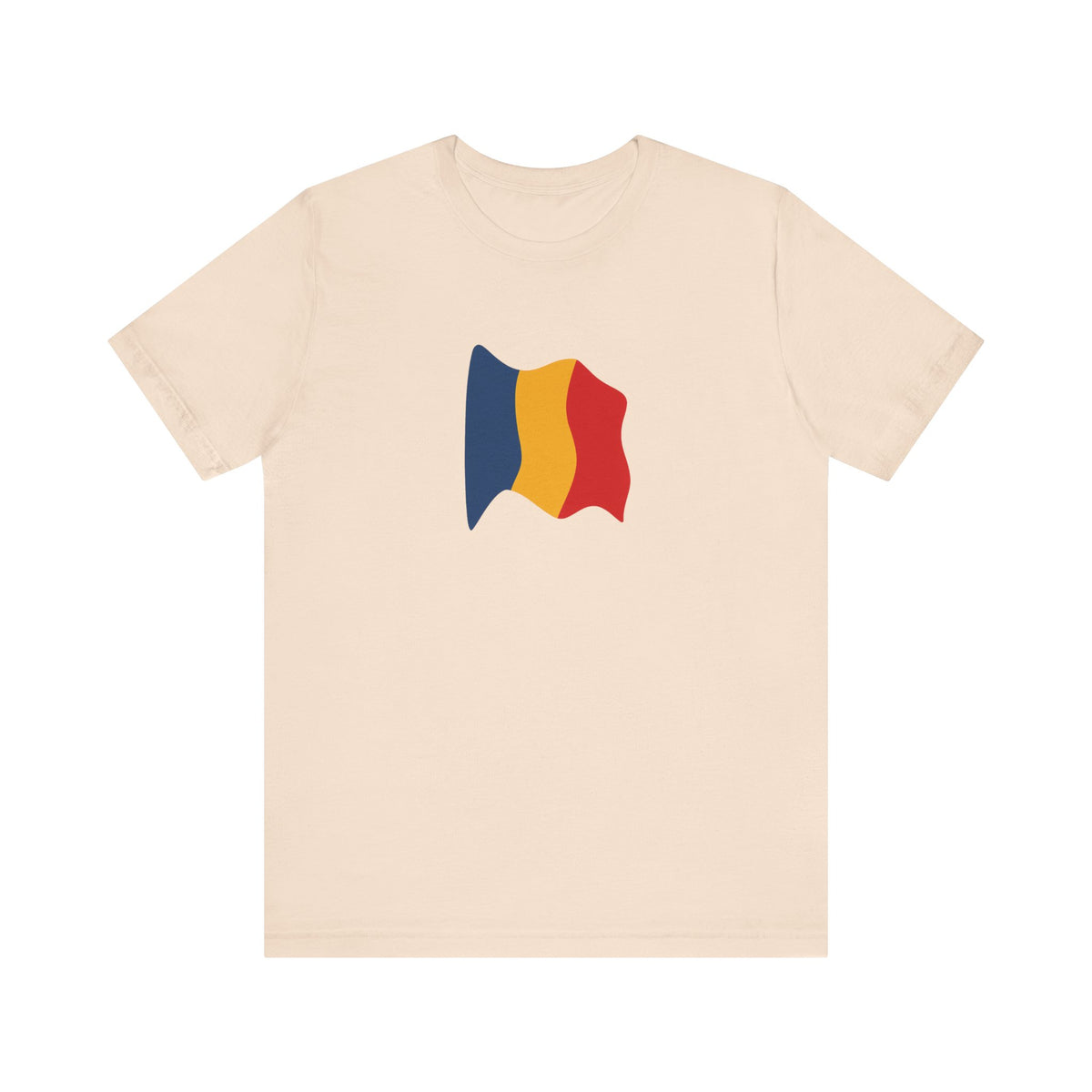 Romania flag T-shirt by Printify featuring a minimal waving tricolor design on a casual tee.