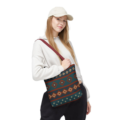 Southwestern diamond pattern tote bag with Aztec tribal geometric print, featuring sturdy handles and vibrant design.