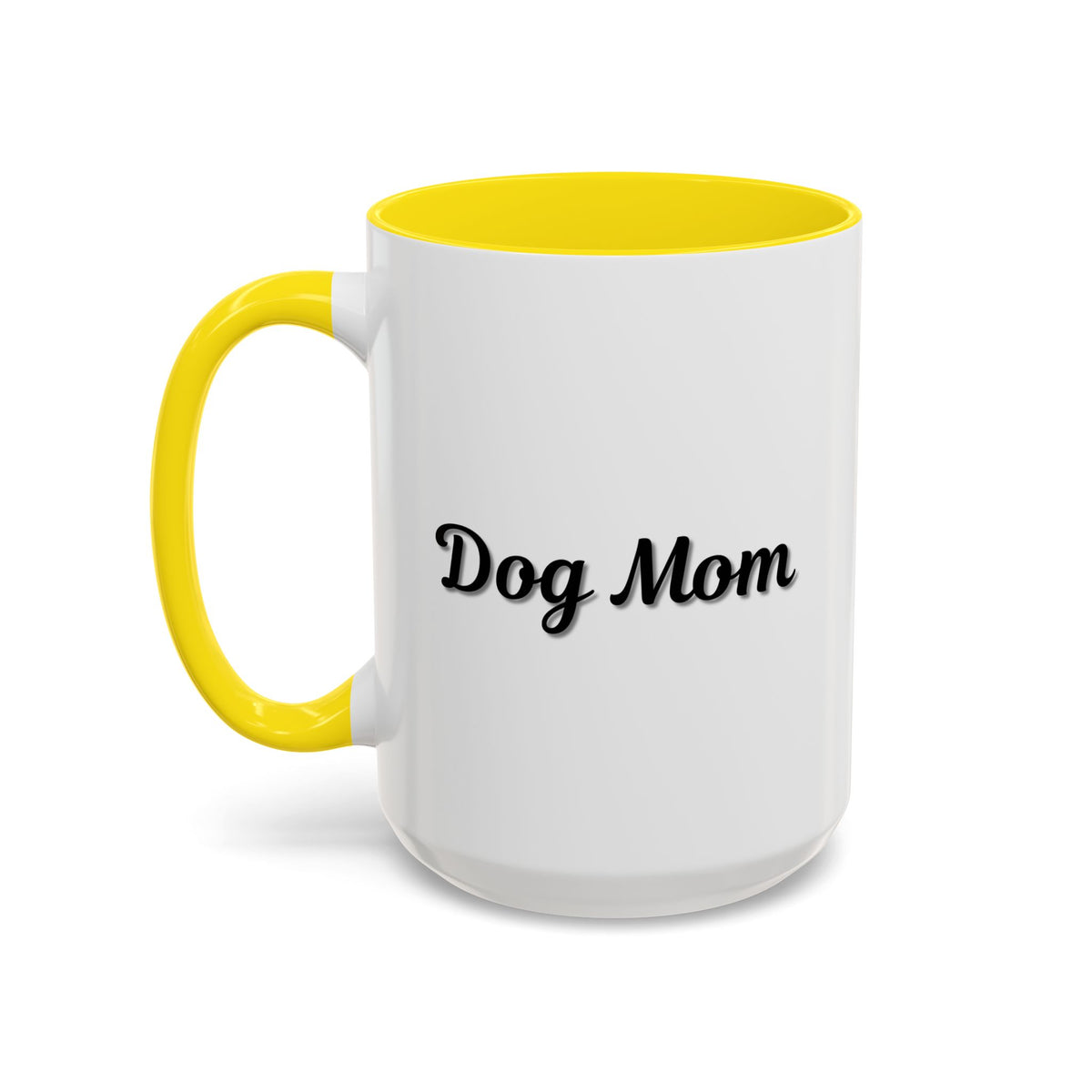 Dog Mom Accent Coffee Mug — white ceramic coffee mug with retro script "Dog Mom" print, colored interior and C-handle, 11oz/15oz, styled lifestyle product photo