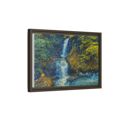 Framed matte canvas print of an impressionist waterfall wall art by Printify, showcasing vibrant colors and textured brushstrokes.