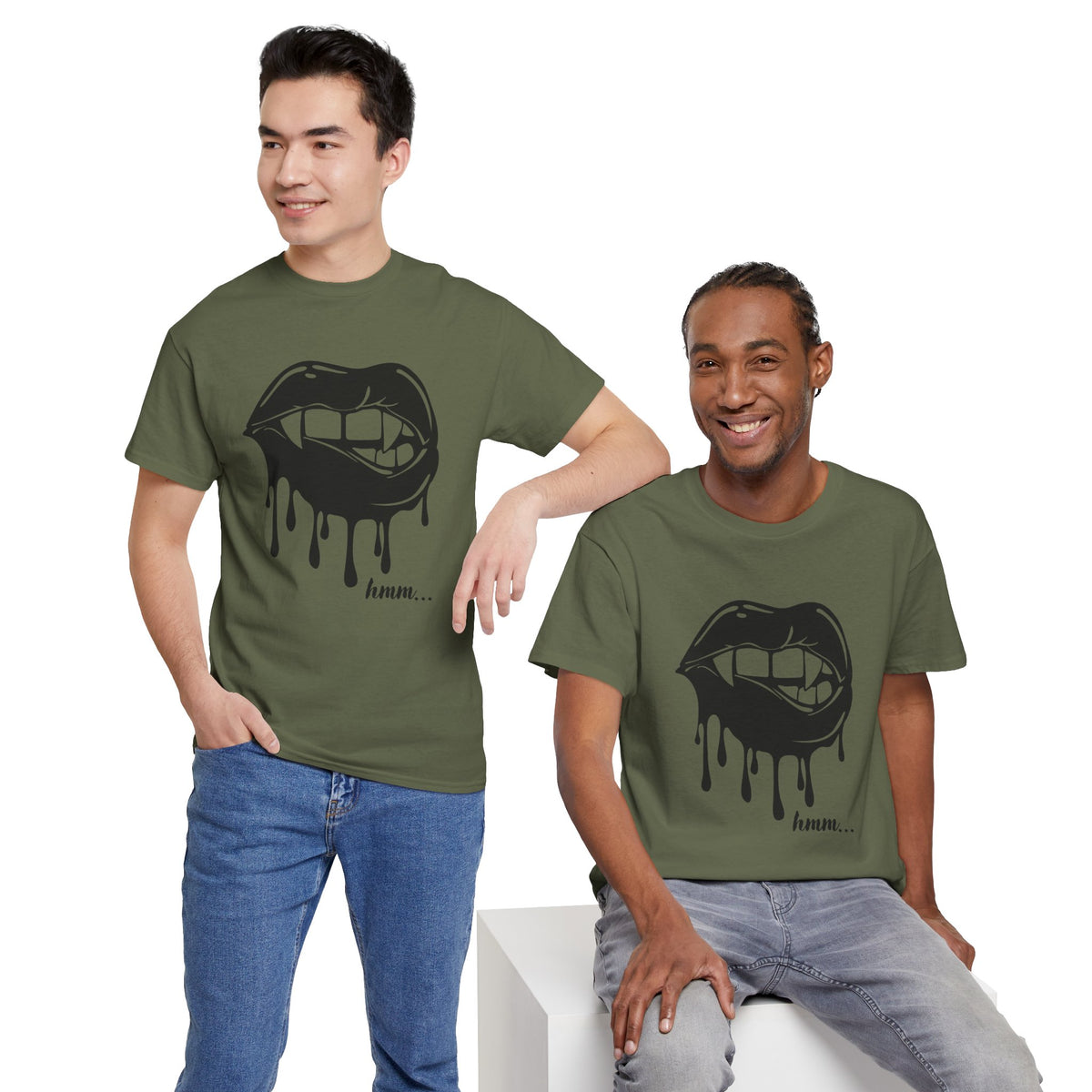 Graphic T-shirt featuring dripping lips with "hmm..." bite design, by Printify, showcasing a bold, artistic graphic on the front.