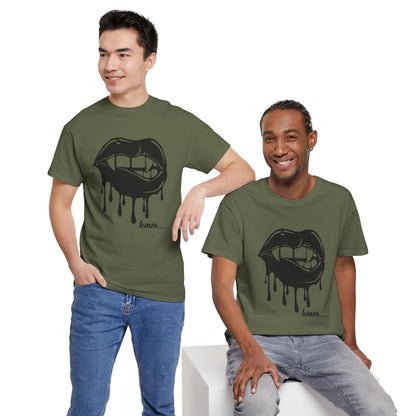 Graphic T-shirt featuring dripping lips with "hmm..." bite design, by Printify, showcasing a bold, artistic graphic on the front.