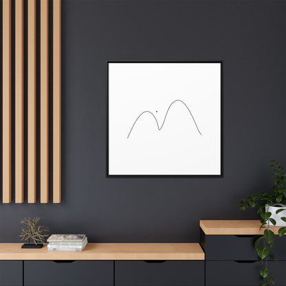 Framed minimalist mountain line art print on matte canvas by Printify, featuring simple mountain outline design.