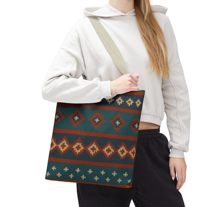 Southwestern diamond pattern tote bag with Aztec tribal geometric print, made by Printify, showcasing its colorful fabric design.