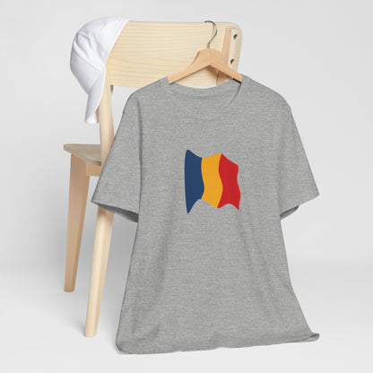 Romania flag T-shirt by Printify featuring a minimal waving tricolor design on a comfortable cotton tee.