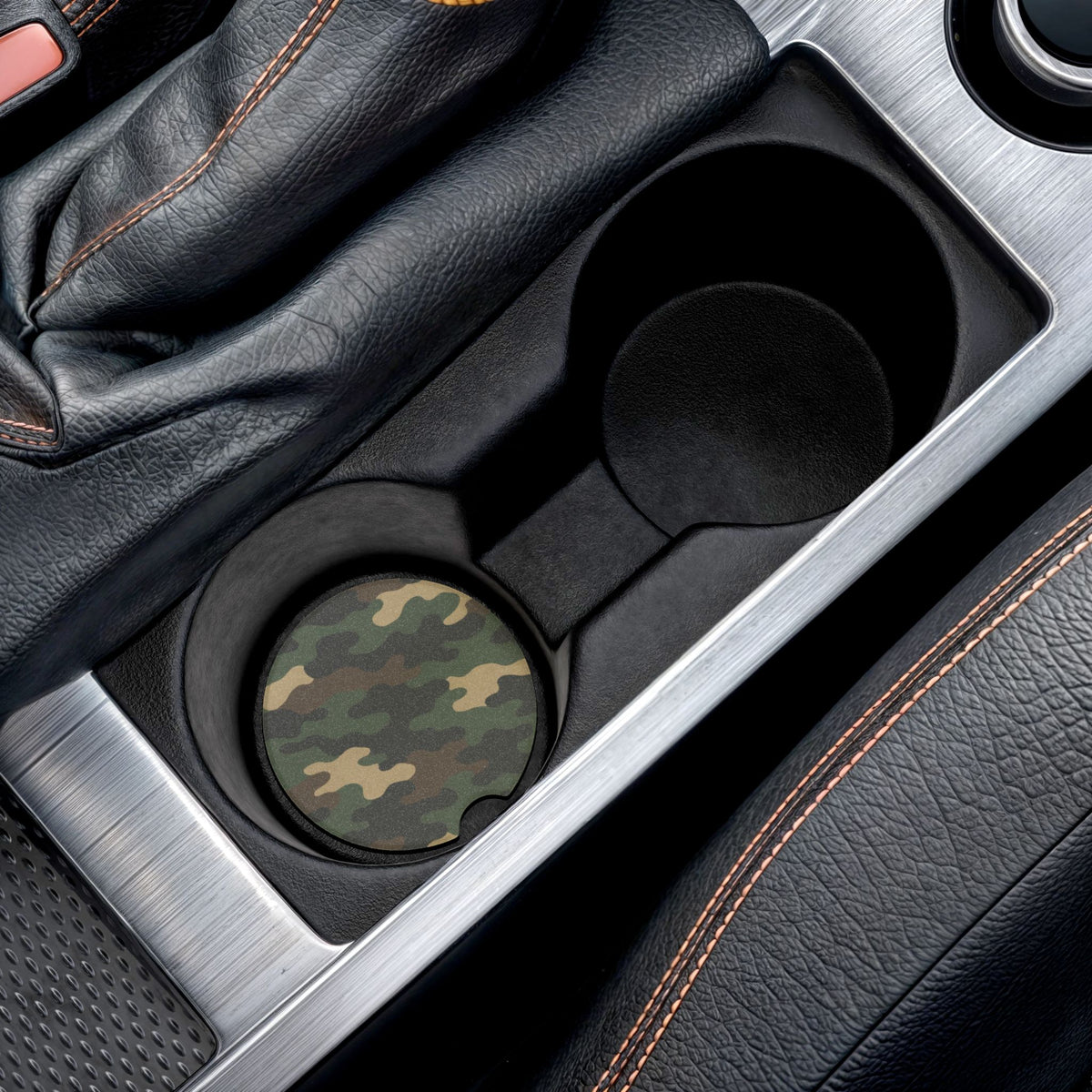 Camouflage soapstone car coaster in a camo cup holder drink mat, featuring a rugged print for vehicle interior decor.