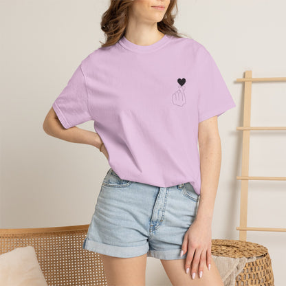 Black T-shirt with a minimalist white finger heart graphic, featuring the Printify brand logo on the front.
