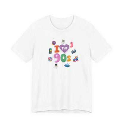 I  Love the 90's Short Sleeve Tee - Retro Graphic Tee, Vintage Style Shirt, Perfect for Casual Outings, 90s Nostalgia Apparel