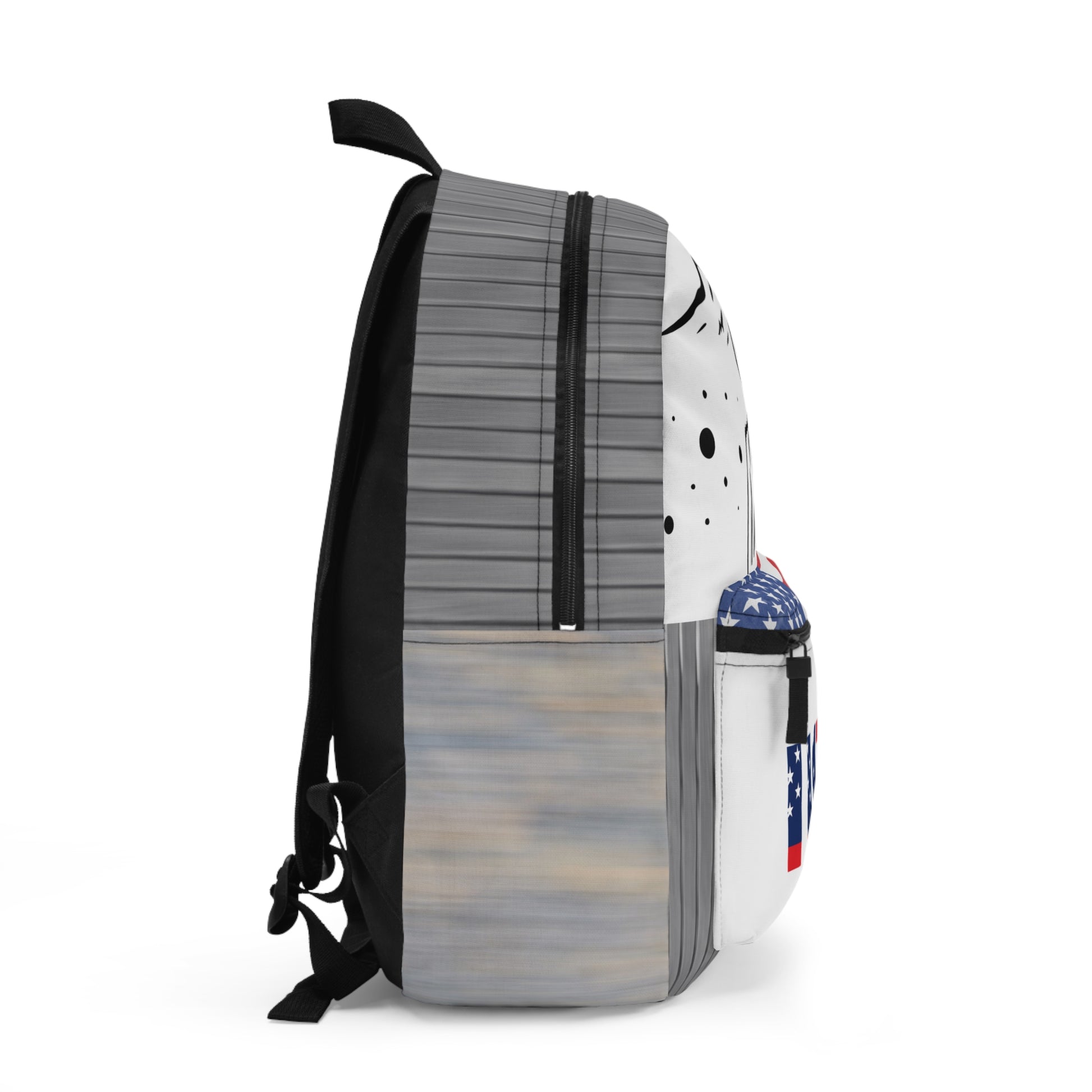 USA flag backpack by Printify featuring a patriotic design, ideal for school, travel, and space fans, with adjustable straps and spacious interior.